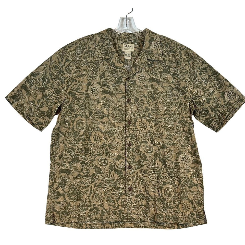 LL Bean Mens Traditional Fit Cotton Floral Batik Resortwear Shirt Size Large